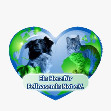 Zwei Tierbilder auf einem Weltkarte-Herz mit dem Text „Ein Herz für Fellnasen in Not e.V.“.